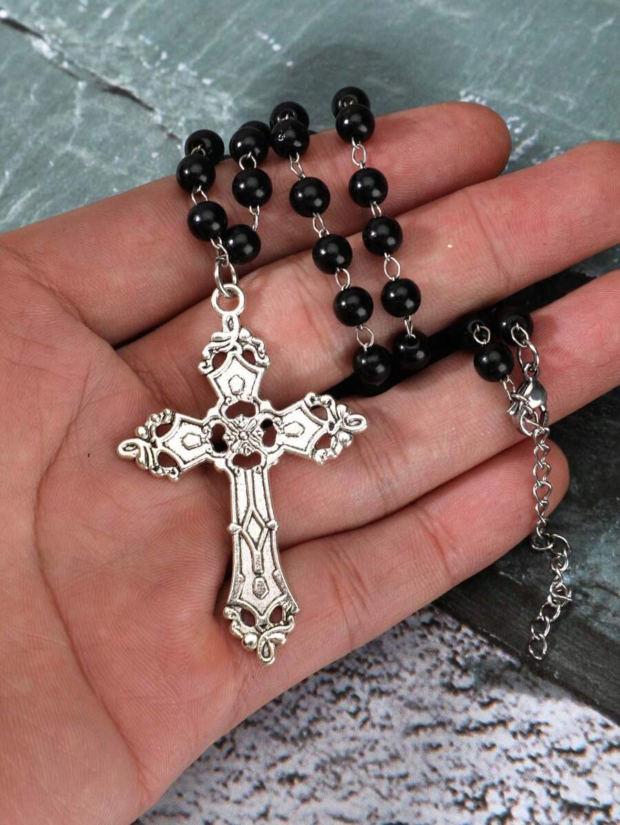 Cross Necklace Gothic Style Jewelry Black Beaded Necklace - Silver - View 1