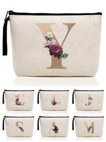 简单便携式字母图案化妆包，带拉链的旅行化妆品收纳包，时尚盥洗洗漱包邮轮必备，钱包笔盒，学校铅笔盒，教师礼物，化妆品收纳袋化妆品收纳袋迷你袋旅行小化妆盒配件化妆架刷袋化妆品容器化妆包旅行必需品女士配件旅行用品化妆包化妆包化妆包化妆包 - 米色 - 查看 1