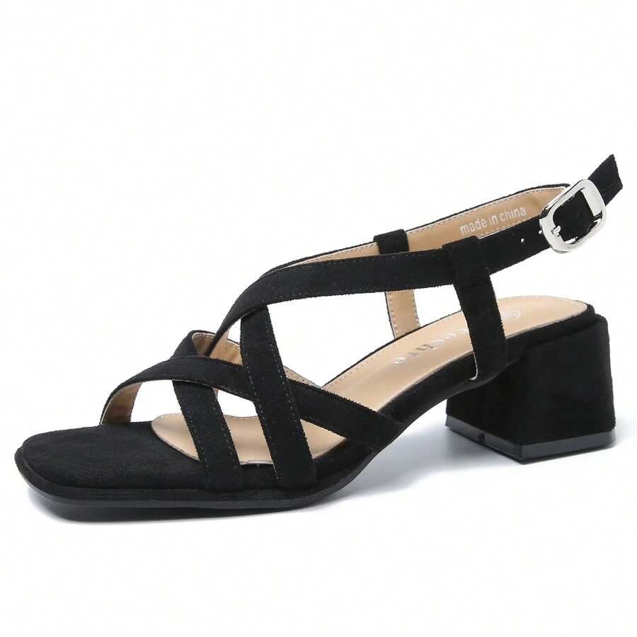 Women's Slingback Heeled Sandals Corss Straps Open Toe Strappy Low Block Heel Sandals - 黑色 - 查看 1