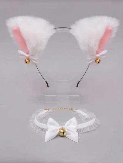 1 Set Of 2pcs White Sexy Mesh Furry Ear Headband, Bowknot Collar With Bell, Costume Accessories For Role Play, Halloween Gift, Party