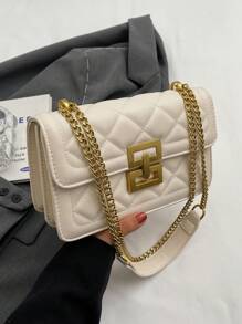 時尚新款方形鏈條單色女士手提包 - 米色 - 查看 4