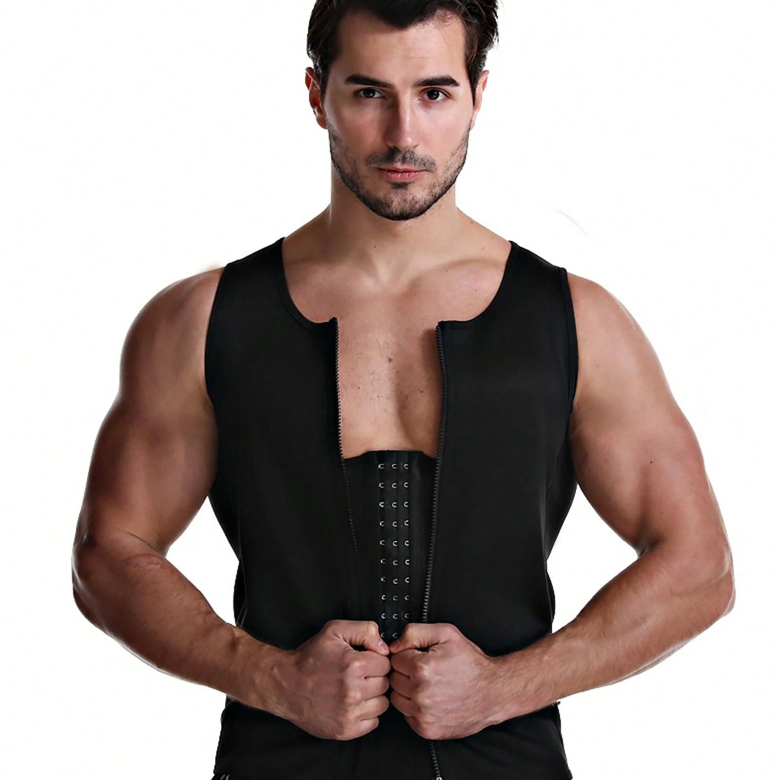 Men's Compression Tank Top With Zipper And Triple Row Hooks For