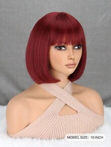 酒紅色鮑伯頭帶瀏海假髮適合日常佩戴、節日和萬聖節服裝 - 酒紅色 - 查看 2