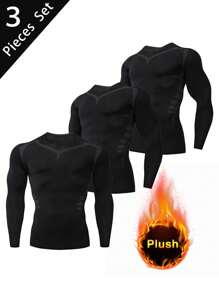 3pcs Men's Long Sleeve Thermal Lined Black T-Shirt Gym Clothes Men Basic T-Shirt - Black - View 1