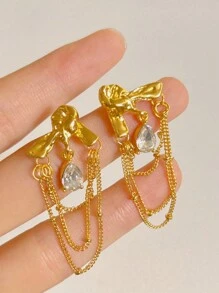 1pair Simple & Exquisite Tassel Drop Earrings With Waterdrop Shape, Fashionable & Luxurious Design - Yellow Gold - View 2