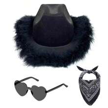 3入組牛仔帽女性套裝,菲爾特絨毛裝飾牛仔帽,寬邊華麗服裝牛仔帽,附有心形眼鏡頭帶和印花圍巾,適用於萬聖節、生日和單身派對,黑色