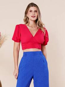 Women's Cropped Blouse / Princess Sleeves / Pleated Blouse / Tie Back / With Built-In Bra - Màu Hồng Tươi - Xem 1