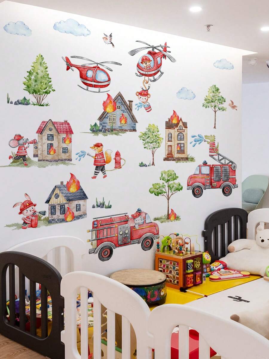 4pcs/set Large Fire Truck Rescue Team Background Wall Stickers - Multicolor - View 1
