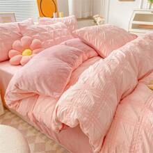 1入精緻氣泡紗與拼接的牛奶絨被套,柔軟,吸濕透氣,質感高,美感高,適用於秋冬季節 - 珊瑚粉 - 查看 1