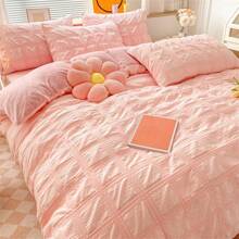 1入精緻氣泡紗與拼接的牛奶絨被套,柔軟,吸濕透氣,質感高,美感高,適用於秋冬季節 - 珊瑚粉 - 查看 3