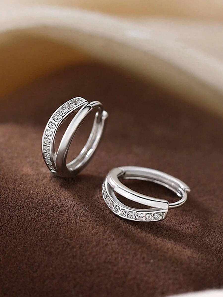 1 Cặp bông tai vòng tròn hai lớp Zirconia thiết kế đường nét tối giản, thanh lịch và sang trọng - Màu Bạc Cổ - Xem 1