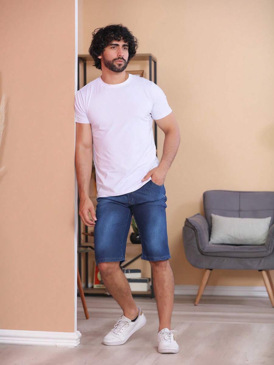 Men Denim Shorts - 深色水洗藍 - 查看 1