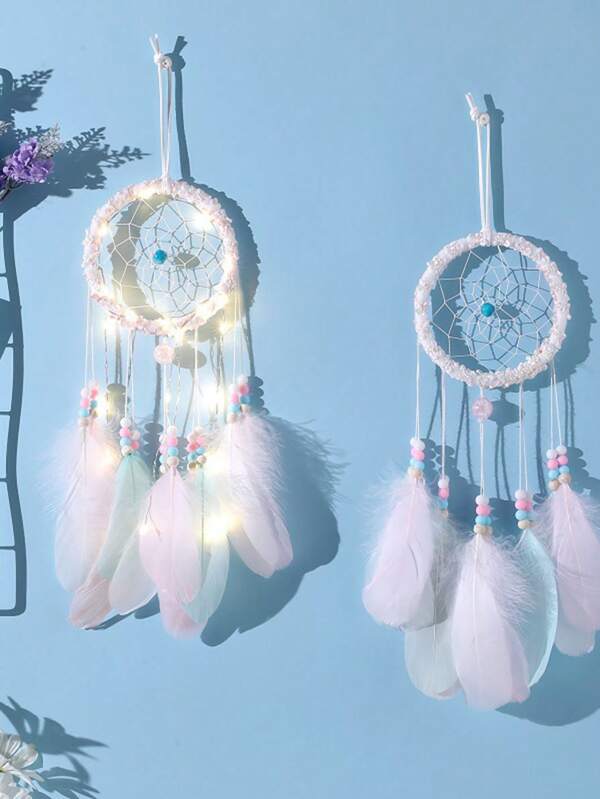 Nice Dream Pink Dream Catchers, Room Nursery Decor for Girls Boys, Handmade Feather Wall Decor with Lights, Home Ornaments Craft Gift for Bedroom