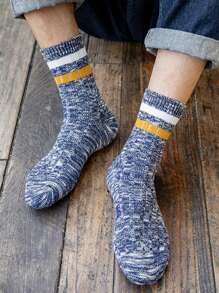 10對隨機色男士復古條紋圖案中筒襪,適用於秋天和冬天,透氣和吸汗 - 彩色 - 查看 5