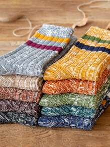 10對隨機色男士復古條紋圖案中筒襪,適用於秋天和冬天,透氣和吸汗 - 彩色 - 查看 2