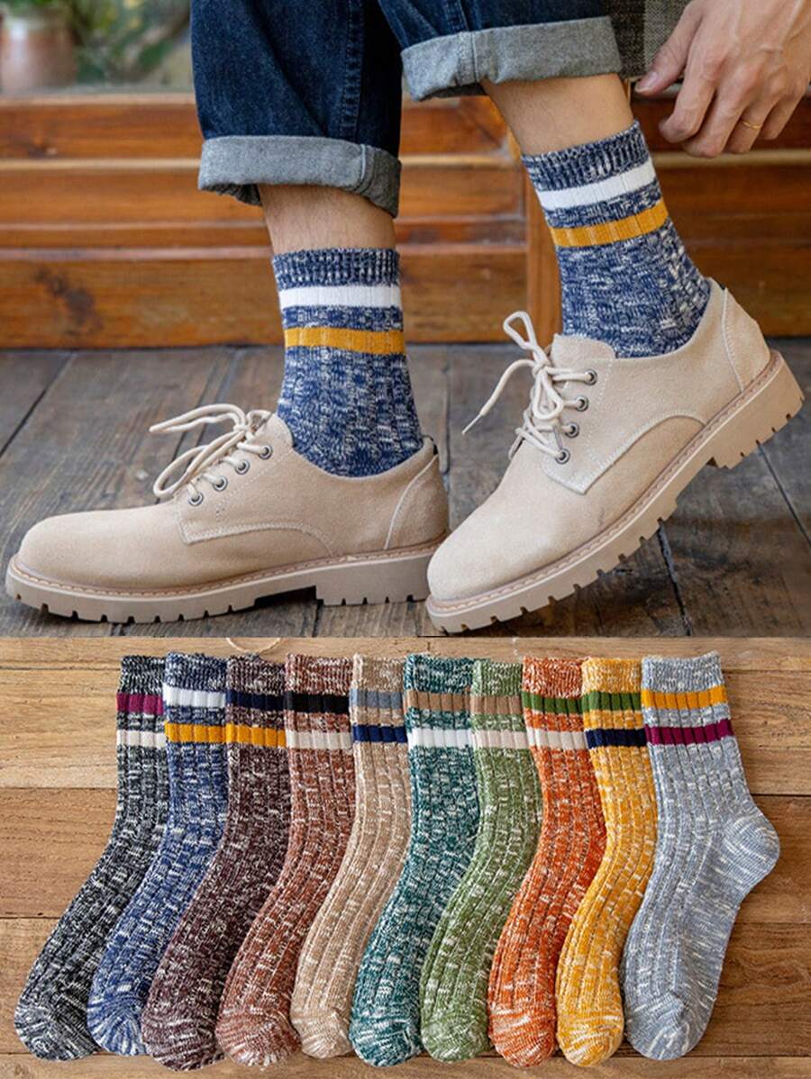 10對隨機色男士復古條紋圖案中筒襪,適用於秋天和冬天,透氣和吸汗 - 彩色 - 查看 1