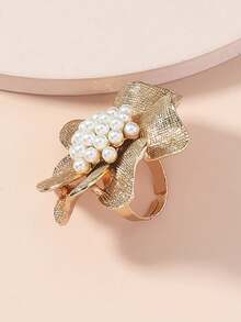 1pc Gold Flower Ring Personalized Fashion Retro Ring Exaggerated Flower Opening Index Finger Ring Bridal Girl Ring - Gold - View 3