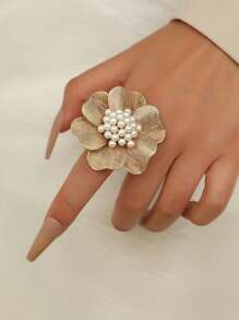 1pc Gold Flower Ring Personalized Fashion Retro Ring Exaggerated Flower Opening Index Finger Ring Bridal Girl Ring - Gold - View 1