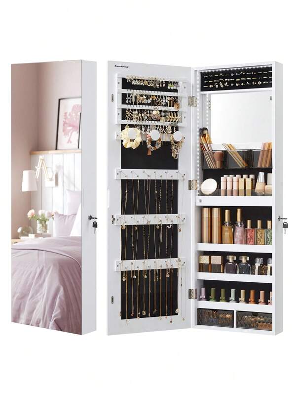 SONGMICS Schmuckschrank mit LED-Beleuchtung, Spiegelschrank, Schmuck-Organizer, Wandschrank mit Ganzkörperspiegel, 2 Schubladen, eingebauter Make-up-Spiegel, verschließbar, weiß JJCDE013W01