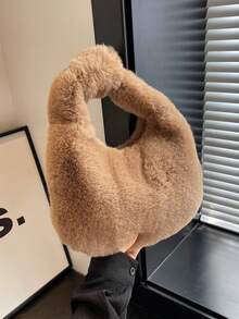 New Furry Shoulder & Armpit Carry Dumpling & Handheld Crossbody Bag For Women, Autumn & Winter - Coffee Brown - View 3