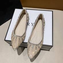 女士水钻和珍珠装饰 PU 平底鞋，优雅时尚户外闪亮公主鞋，方形鞋跟和低鞋面