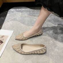 女士水钻和珍珠装饰 PU 平底鞋，优雅时尚户外闪亮公主鞋，方形鞋跟和低鞋面