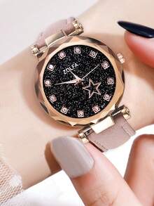 6入組女孩皮革星形石英手錶和精緻鑽石手鍊項鍊耳環戒指珠寶套裝女孩禮物 - 粉色 - 查看 4