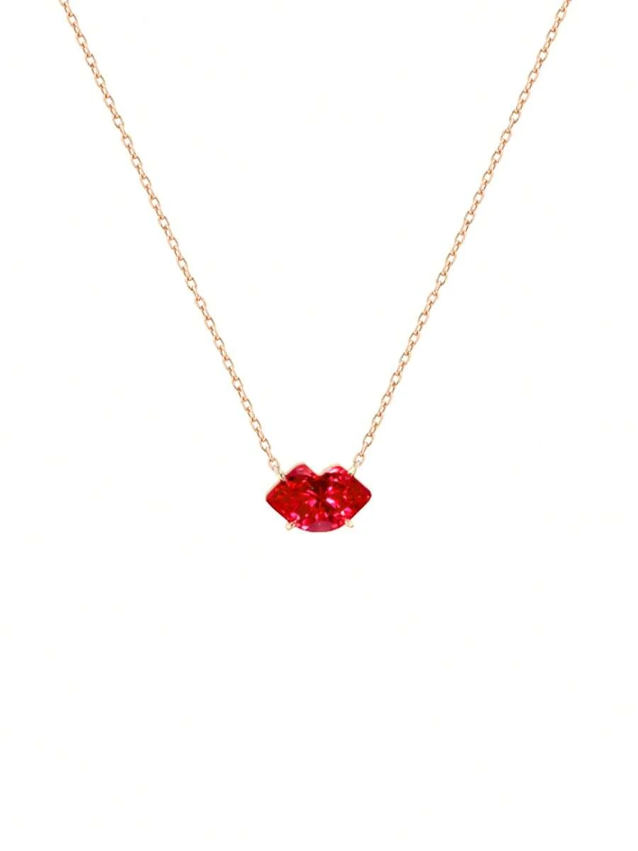 1入組女士暗紅色嘴唇吊墜項鍊,嵌鑲紅寶石,925銀鍍金,浪漫的生日情人節禮物,適用於日常穿著