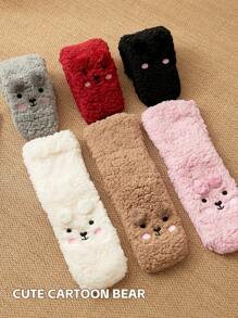 1 par de calcetines de mujer de felpa de coral de dibujos animados, calcetines gruesos y cálidos con puntos antideslizantes, calcetines suaves y esponjosos con bordado lindo hasta el tobillo para invierno y otoño, 6 colores