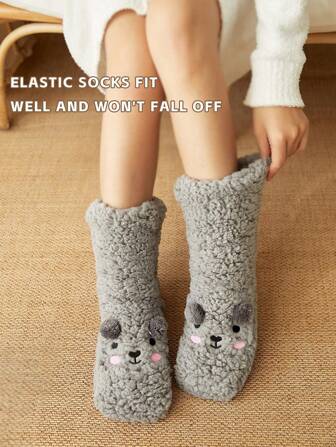 1pair Women's Cartoon Coral Fleece Fluffy Socks, Thick Warm Pointed Dotted Anti-Skid Floor Socks, Cute Embroidery Mid-Calf Soft Fuzzy Winter Autumn Socks, 6 Colors