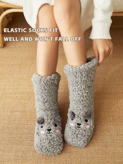 1双女士卡通珊瑚绒蓬松袜，加厚保暖尖头圆点防滑地板袜，可爱刺绣中筒柔软毛绒秋冬袜，6种颜色可选