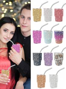 1 件 3 盎司現代萊茵石裝飾不銹鋼飲水杯帶吸管,便攜式水/咖啡/飲料杯,非常適合家庭/節日/派對,驚喜禮物