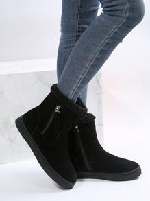 女士舒適保暖低幫平底踝靴，側邊拉鍊，一腳蹬設計，適合休閒和戶外穿著 - 黑色 - 查看 6