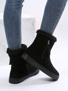 女士舒適保暖低幫平底踝靴，側邊拉鍊，一腳蹬設計，適合休閒和戶外穿著 - 黑色 - 查看 7