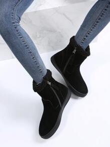 女士舒適保暖低幫平底踝靴，側邊拉鍊，一腳蹬設計，適合休閒和戶外穿著 - 黑色 - 查看 5