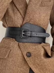 1 pieza/2 piezas Cinturón ancho elástico de mujer con textura de cocodrilo, adecuado para uso diario en otoño, Halloween - Negro - Ver 1