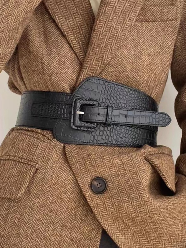 1pc/2pcs Women's Fashion Crocodile Textured Wide Elastic Waist Belt, Suitable For Daily Wear