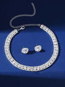 1set Crystal Necklace & Earrings Jewelry Set - Silver - View 3