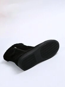 女士舒適保暖低幫平底踝靴，側邊拉鍊，一腳蹬設計，適合休閒和戶外穿著 - 黑色 - 查看 2