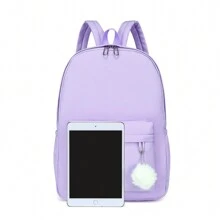 1pc Fashionable Simplistic Multicolor Backpack With Plush Hanging Ornament, Suitable For Students' Daily Use - Mauve Purple - View 4