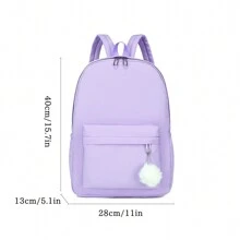 1pc Fashionable Simplistic Multicolor Backpack With Plush Hanging Ornament, Suitable For Students' Daily Use - Mauve Purple - View 3