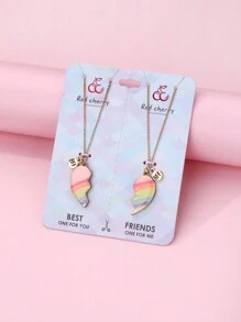 2入組女孩鋅合金心形磁性盒式吊墜項鍊帶彩色油滴適合日常佩戴和禮物