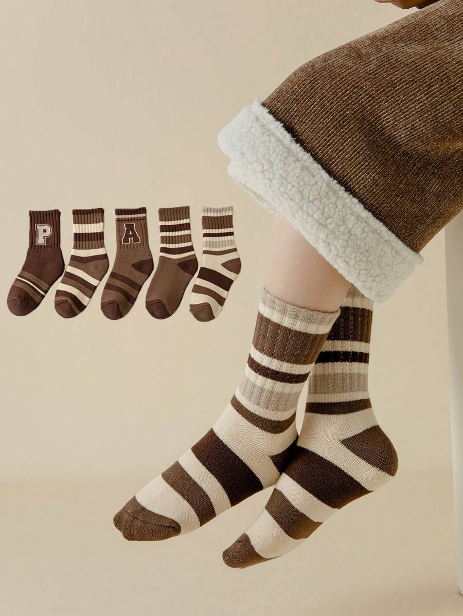 5双秋冬条纹字母时尚中筒袜男女儿童(2-3)(3-8)(8-12)岁