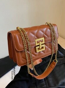 時尚新品到貨素色方形斜挎包帶鏈子帶適合女士翻蓋斜挎包,衍縫肩膀手提包,方包帶金屬鎖,鏈條包適合女士 - 棕色 - 查看 5
