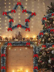 1pc Christmas Tinsel Decoration With 12 Bows, Dark Green And White Tinsel Garland Wreath For Christmas Party Decoration