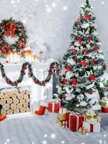 1pc Christmas Tinsel Decoration With 12 Bows, Dark Green And White Tinsel Garland Wreath For Christmas Party Decoration