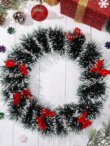 1pc Christmas Tinsel Decoration With 12 Bows, Dark Green And White Tinsel Garland Wreath For Christmas Party Decoration