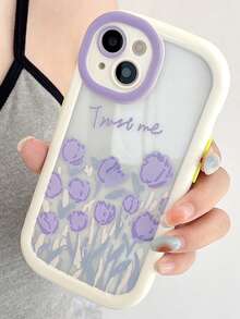 1pc White Macaron Case Compatible With iphone, Violet Flower Pattern Phone Cover - Multicolor - View 2