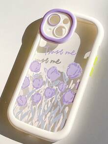 1pc White Macaron Case Compatible With iphone, Violet Flower Pattern Phone Cover - Multicolor - View 4