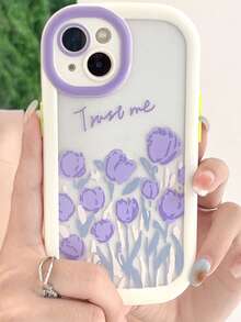 1pc White Macaron Case Compatible With iphone, Violet Flower Pattern Phone Cover - Multicolor - View 3